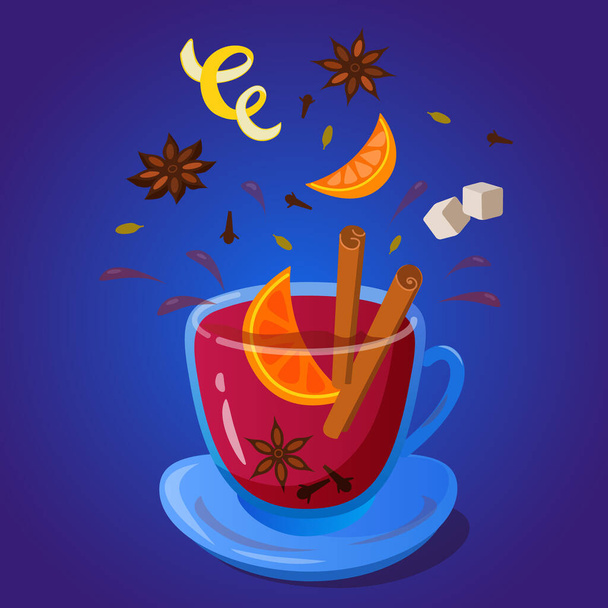 A cup of mulled wine with splash of spices. Vector color illustration. - Vector, Image