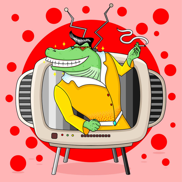 χαριτωμένο κροκόδειλος απεικόνιση διάνυσμα μασκότ με φόντο την τηλεόραση - Διάνυσμα, εικόνα