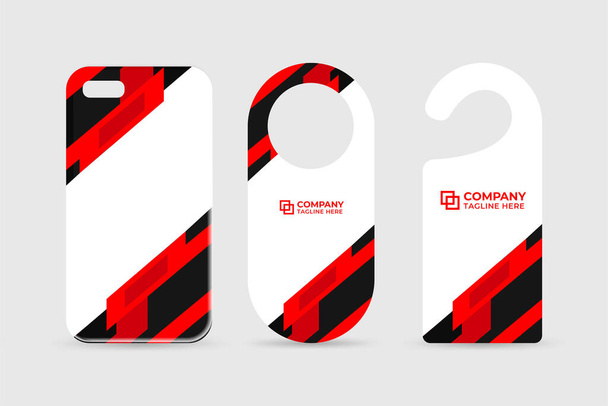 Company brand identity template collection with red and dark colors shapes. Brand identity template design on a phone case and door hangers. Business stationery set vector for company advertisement. - Vector, Image