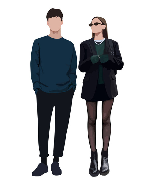 Fashionable and stylish young couple in flat style isolated on white background. Beautiful guy and girl in warm clothes. Vector illustration - Vector, Image