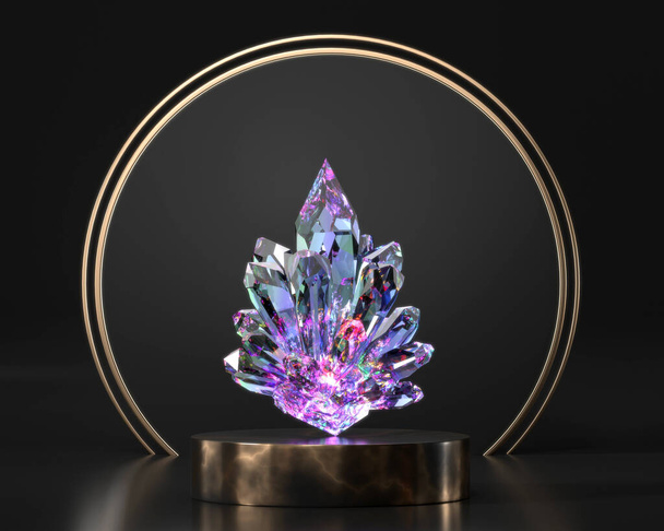 Cristal colorido en escenario podio escaparate 3d renderizado - Foto, Imagen