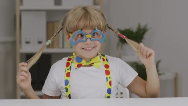 Chica divertida de 7 años vestida con gafas de payaso, mariposa y tirantes. Imágenes de alta calidad 4k - Imágenes, Vídeo