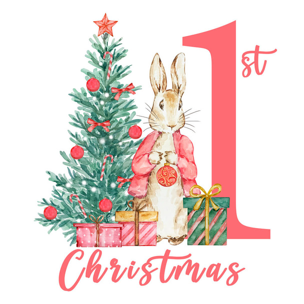 Watercolor Peter Rabbit Πρώτα Χριστούγεννα με ένα στολισμένο χριστουγεννιάτικο δέντρο και δώρα για ένα εορταστικό πάρτι μωρού - Φωτογραφία, εικόνα