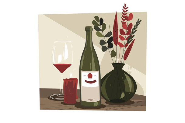 Romantic wine set vector illustration. Bottle of red wine, wineglass, candle and vase with flowers flat style concept - Vector, Image