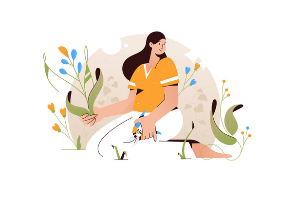 Woman gardener working in garden vector illustration. Girl taking care of her plants flat style concept. Gardening idea - Vector, Image