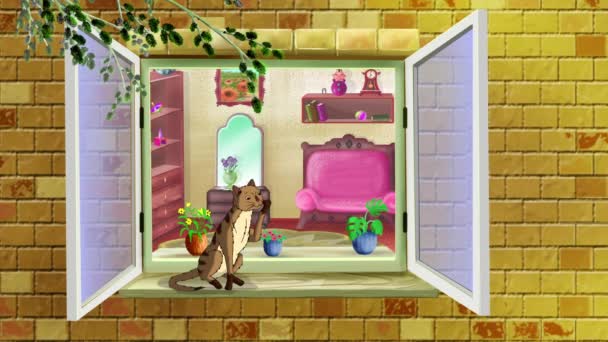 gato tabby rojo doméstico se sienta en la ventana en el día. Hecho a mano animado en bucle HD material de archivo. - Metraje, vídeo