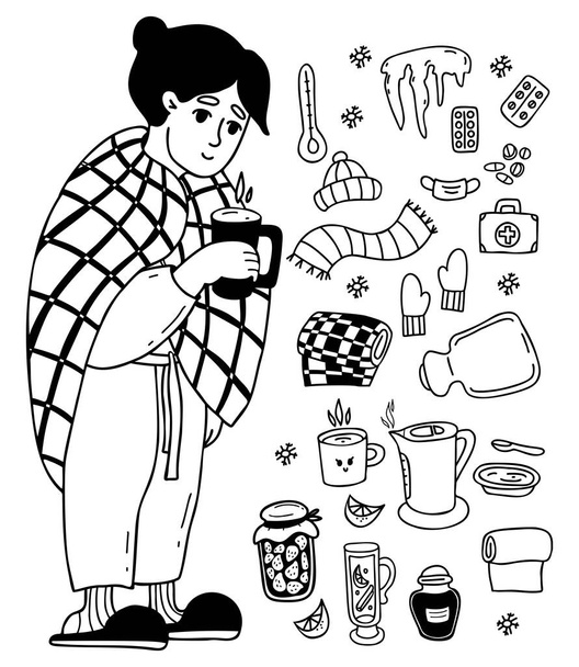 Raccolta di malattie umane. Donna malata avvolta in una coperta con tazza di tè caldo. Vicino a pillole, sciarpa, marmellata, bollitore, vin brulè, riscaldamento e termometro. Scarabocchi isolati della linea vettoriale - Vettoriali, immagini