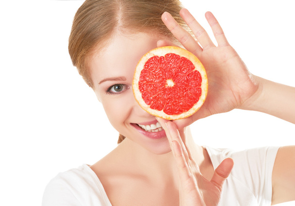 Boldog, fiatal nő, grapefruit. egészséges étkezés - Fotó, kép