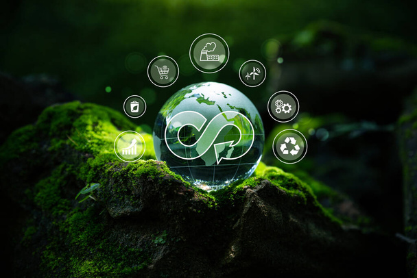 Kristallkugel mit Kreislaufwirtschaft-Symbol auf Moos, Kreislauf in einem endlosen Kreislauf, Nachhaltiges Umweltkonzept für Unternehmen und Welt. - Foto, Bild