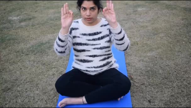 Egy fiatal indiai nő jógázik a parkban. Gyönyörű lány gyakorolja az alapvető jóga pózt. Nyugalom és nyugalom, női boldogság. Alapvető jóga gyakorlat szabadtéren  - Felvétel, videó