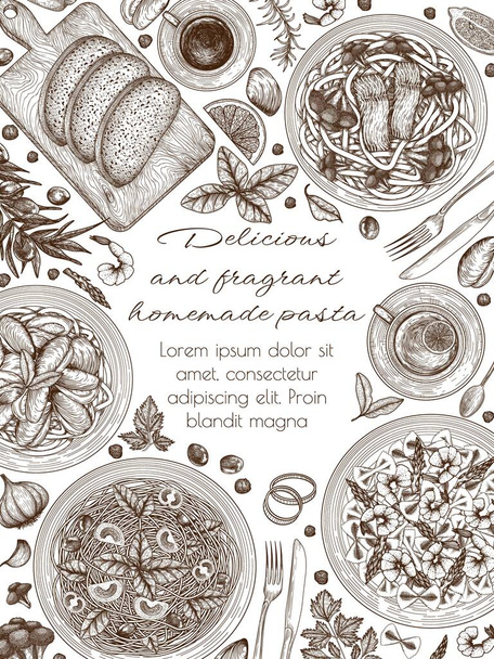  Vektorová ilustrace 4 těstovin. Tagliatelle s lososem a brokolicí, farfalle s krevetami a chřestem, špagety s rajčaty, bazalkou a olivami, fettuccine s mušlemi v ryteckém stylu - Vektor, obrázek