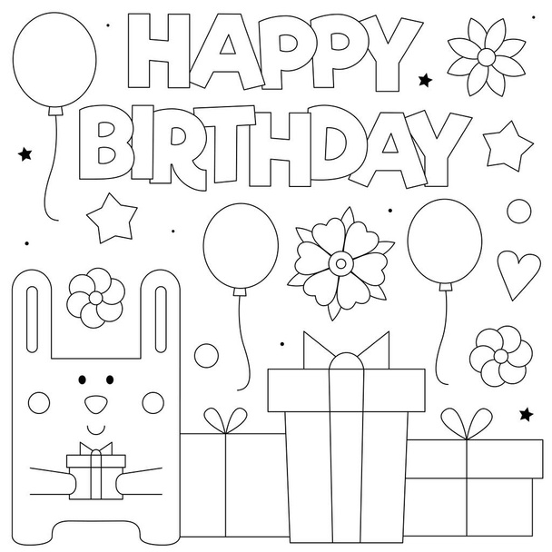 С днем рождения. Раскрашивание страницы. Черно-белая векторная иллюстрация кролика с воздушными шарами и подарками - Вектор,изображение