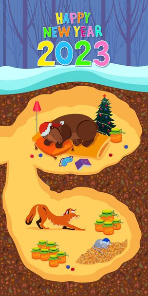Un oso, un zorro y un ratón en una guarida decorada para las vacaciones. Año Nuevo banner vector, tarjeta, ilustración o post. Feliz Año Nuevo 2023 - Vector, Imagen