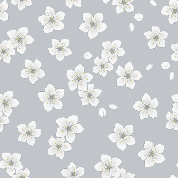 Zökkenőmentes minta cseresznyevirágokkal. fehér virágok és rügyek szürke háttérrel. Tavaszi virágminta. Vektorillusztráció - Vektor, kép