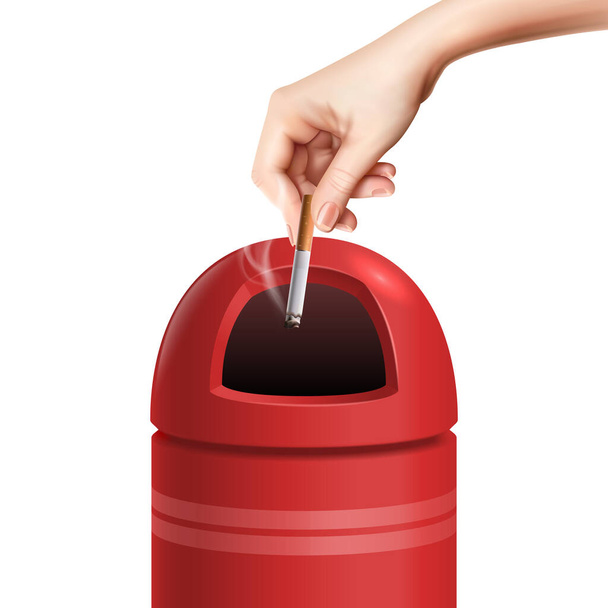 Composición realista de la papelera con la mano humana lanzando cigarrillo en el contenedor de residuos de metal rojo en blanco ilustración vector de fondo - Vector, imagen