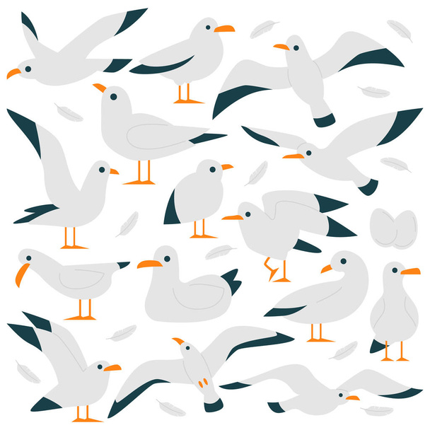 Seagull birds flat icons set. Cute cartoon wild birds with short legs, long wings, and white and grey feathers. Leaving near sea. Seabirds. Color isolated illustrations - Vector, Image