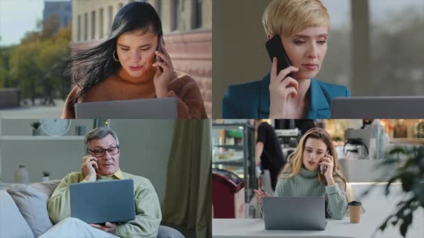 Online επαγγελματική συνάντηση με τους συναδέλφους ενημέρωση βιντεοκλήση για φορητό υπολογιστή μιλάμε κολάζ κινητό τηλέφωνο των συναδέλφων ποικιλόμορφη εθνικότητα άνθρωποι γυναίκες και ο άνθρωπος επικοινωνία μέσω διάσκεψης εξ αποστάσεως σύνδεση - Πλάνα, βίντεο