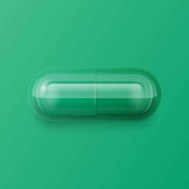 Vector 3d Realistic Green Pharmaceutical Medical Pill, Capsule, Tablet on Green Background. Top, Front View. Flat Lay. Copy Space. Herbal Medicine Concept. - Wektor, obraz