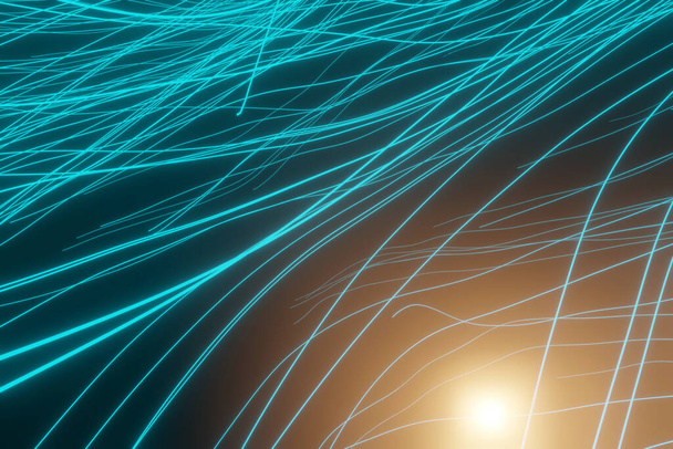 Rozbłysk światła z żółtej gwiazdy pomiędzy niebieską krzywą energii (renderowanie 3D) - Zdjęcie, obraz