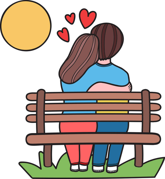 Main dessinée homme et femme assis sur un banc au coucher du soleil illustration isolé sur fond - Vecteur, image
