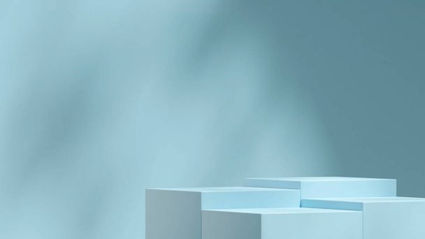 shadow and blue wall 3D image render mockup scene sky blue rectangle podium in landscape - Photo, Image