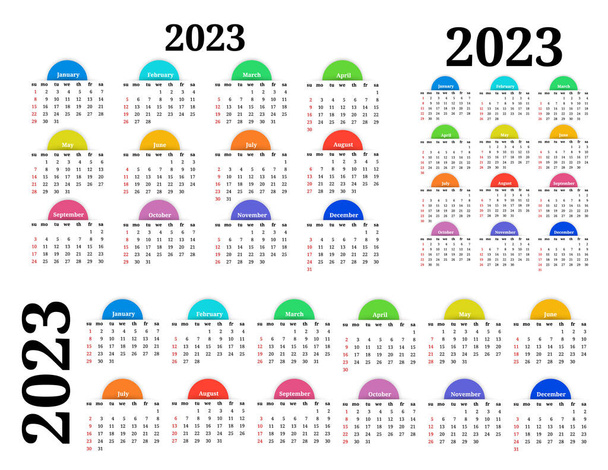 Set van drie kalenders voor 2023 in verschillende vormen geïsoleerd op een witte achtergrond. Zondag tot maandag, business template. Vectorillustratie - Vector, afbeelding