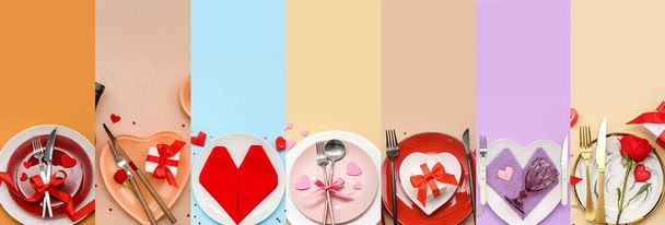 Colagem de configurações de mesa para o Dia dos Namorados no fundo de cor - Foto, Imagem