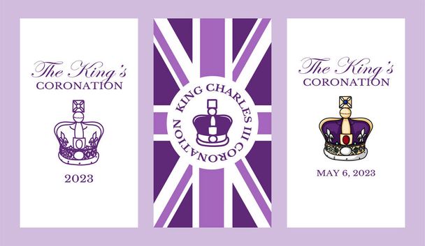 Plakat zur Krönung von König Karl III. mit britischer Flaggenvektorillustration. Grußkarte zur Krönung von Prinz Charles von Wales zum König von England.  - Vektor, Bild