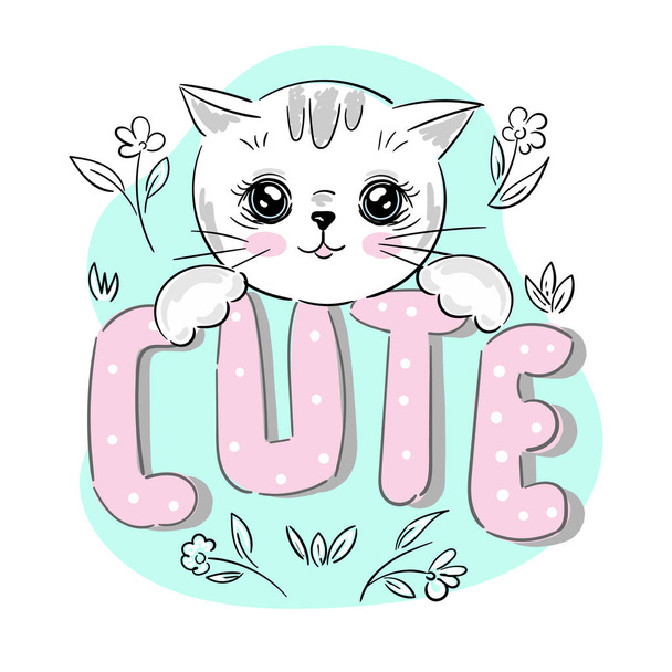 Cat kitten white face head with lettering inscription Cute . Vector illustration - Vector, Image