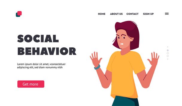 Social Behavior Landing Page Template. Refuse Negative Emotion, Expression, Body Language Concept. Angry Female Character Show Refusal or Stop Gesture. Cartoon Vector Illustration - Vector, Image