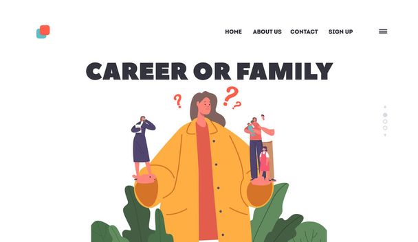 Family or Career Landing Page Template. Female Character Making Choice Holding on Hands Herself as Businesswoman and Family of her with Husband and Children. Cartoon People Vector Illustration - Vector, Image