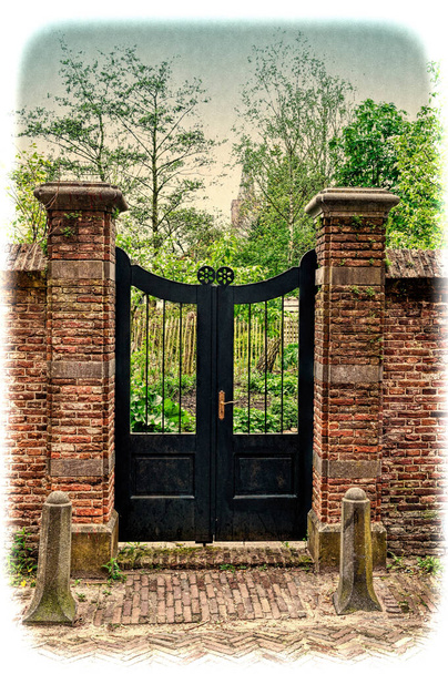 Vstup na nádvoří v tradičním holandském stylu. Cesta dveřmi do Holandska, města Amersfoort. Tónovaný obrázek ve stylu ročníku - Fotografie, Obrázek