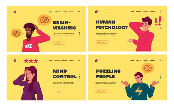 Puzzled People Landing Page Template Set. Doubtful Characters with Exclamation and Question Marks Thinking, Searching Information, Forgot Password. Mental Research Concept. Cartoon Vector Illustration - Vector, Image