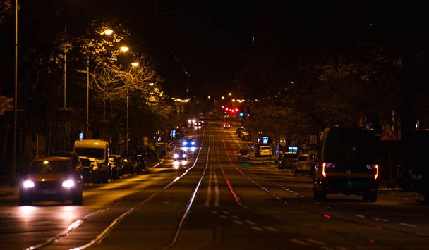 Nocne ujęcie wzdłuż dużej ulicy (Halberstaedter Strasse) w Magdeburgu, Niemcy. - Zdjęcie, obraz