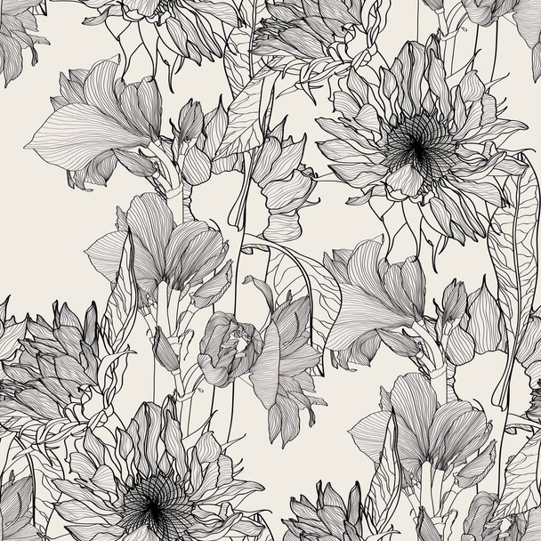 Naadloos patroon van zonnebloemen, amaryllis, dahlia, rozen bloemen voor stof ontwerp. Luxe lijn kunst van de lente bloemen. Vectorillustratie. - Vector, afbeelding