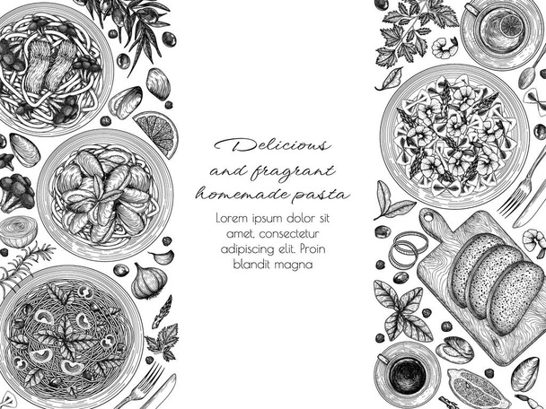 Ilustração vetorial de 4 massas diferentes. Tagliatelle com salmão e brócolis, farfalle com camarões e espargos, esparguete com tomate, manjericão e azeitonas, fettuccino com mexilhões - Vetor, Imagem