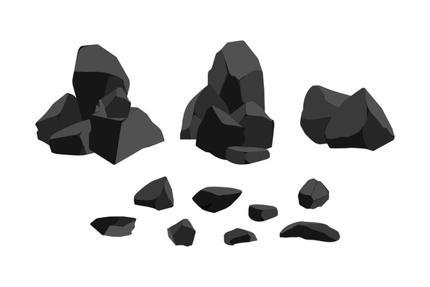 Kokoelma hiili, grafiitti, basaltti ja antrasiitti. Joukko eri muotoista mustaa hiiltä.Kaivostoiminnan ja malmin käsite kaivoksessa.Kiven sirpaleet, lohkareita ja rakennusmateriaalia. - Vektori, kuva