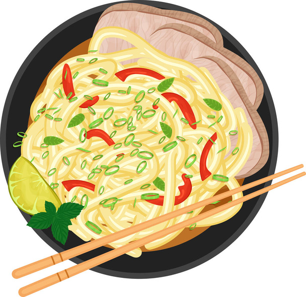 Vietnámi Pho Bo leves hússal, tésztával, édes paprikával, bazsalikommal, mentával, lime-mal és zöldhagymával. Élelmiszer illusztráció - Vektor, kép