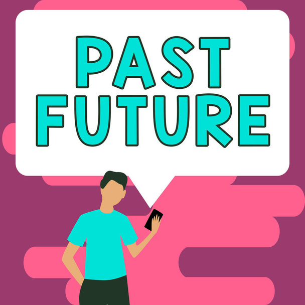 Текстовий знак, що показує минуле майбутнє, вітрина бізнесу символізує рух і не дивиться на минуле, що рухається далі
 - Фото, зображення