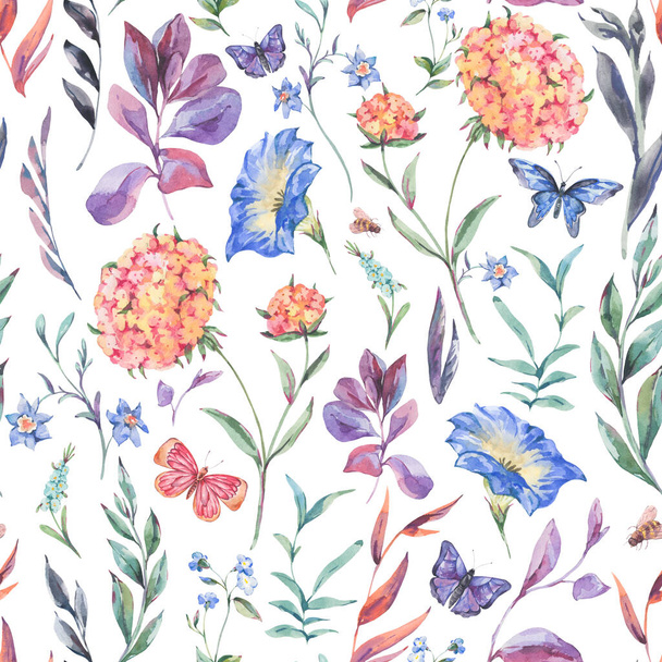 Waterkleur botanische wilde bloemen naadloos patroon, natuurlijke textuur - Foto, afbeelding