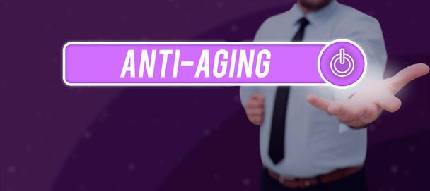 Inspiratie toont teken Anti Aging, Business idee Een product ontworpen om te voorkomen dat het uiterlijk van ouder worden - Foto, afbeelding