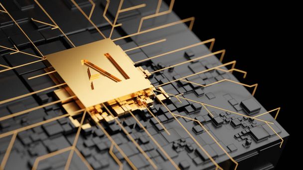 Golden AI Circuit board Технологія фонового центрального комп'ютерного процесора і концепції GPU. Електронний чіп материнської плати. Технічна наука. 3d рендеринг. - Фото, зображення