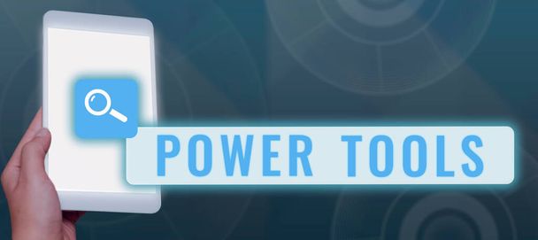 Tekst bijschrift presenteren Power Tools, Business showcase tool die wordt bediend door extra energiebron en mechanisme - Foto, afbeelding