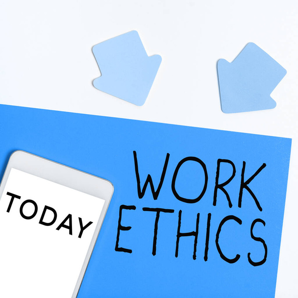Handschrift Work Ethics, Business overview Een reeks waarden gericht op het belang van het doen van werk - Foto, afbeelding