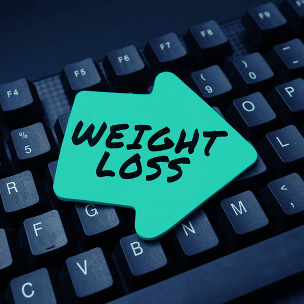 Zeichen für Gewichtsverlust, Wort geschrieben über die Verringerung der Körperflüssigkeit Muskelmasse reduzieren Fett entsorgen Gewebe - Foto, Bild