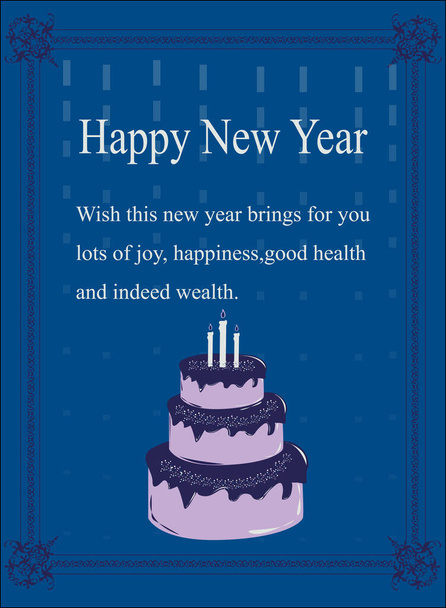 Vector illustration of Happy New Year greeting card. Space cadet and lilac color beautiful cake and new year massage written in the middle of the card with space cadet color designer border. - Vector, Image