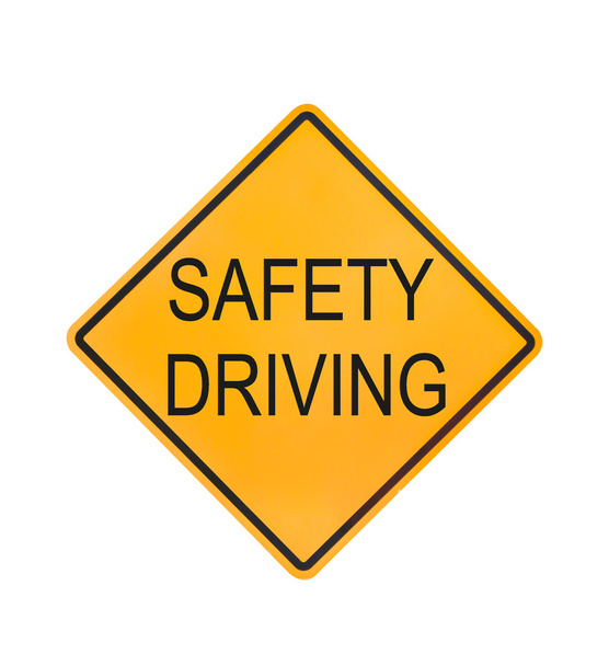 Żółty ruchu znak tekstu dla bezpieczeństwa jazdy na białym tle  - Zdjęcie, obraz