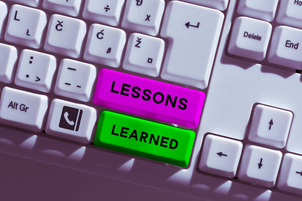 Signo de texto que muestra las lecciones aprendidas, Word for Promote compartir y utilizar los conocimientos derivados de la experiencia - Foto, Imagen