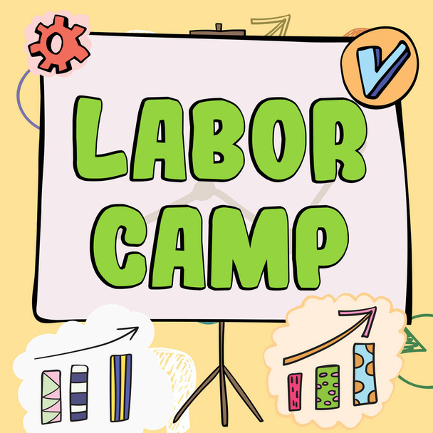 Tekst met inspiratie Labor Camp, Business overview een strafkolonie waar dwangarbeid wordt verricht - Foto, afbeelding