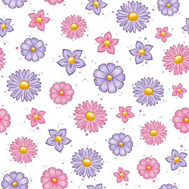 Vector Holiday Flowers Seamless Pattern, cuadrado que repite el fondo con el conjunto de ilustraciones cortadas flor de petunia violeta y rosa margarita de marzo de color, decorativo varias flores sobre fondo blanco - Vector, Imagen